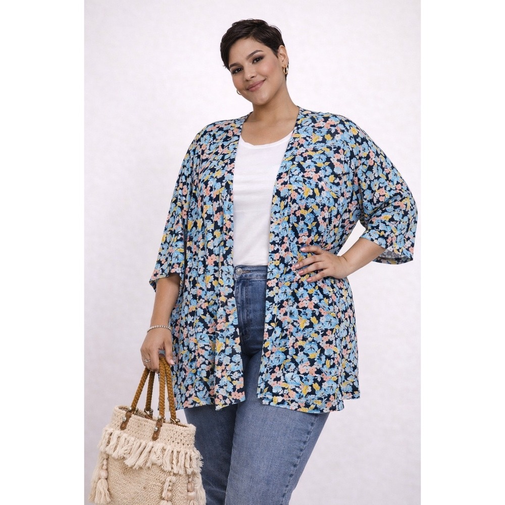 Lane Bryant Blue Floral Stretchy Open Kimono Duster‎ Cardigan Plus Women's 18/20